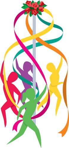Colorful May Pole with ribbons and figures dancing around the May pole